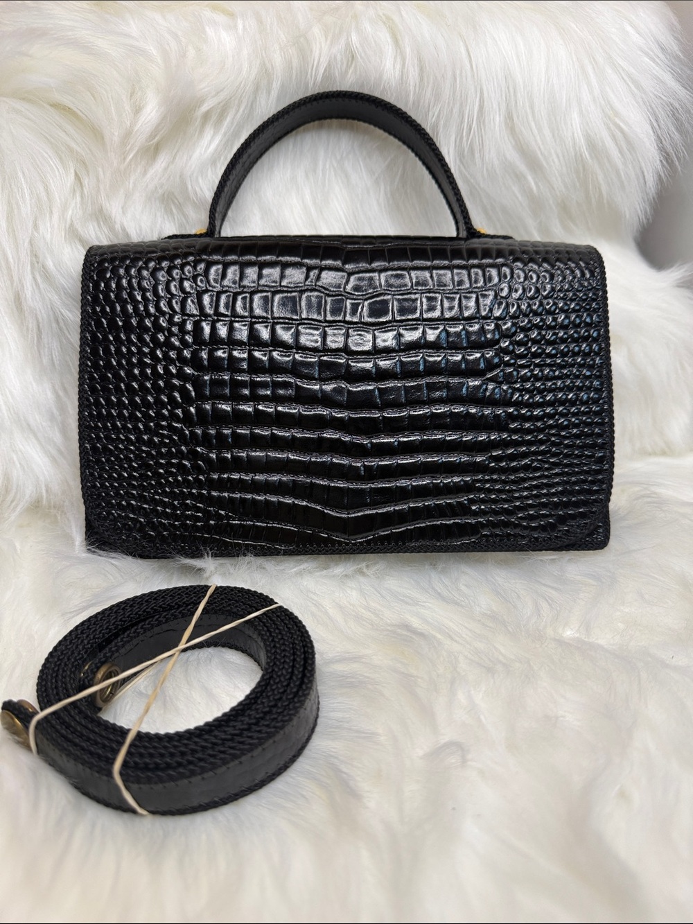 Dior Black Croc-Embossed Mini Top Handle Bag